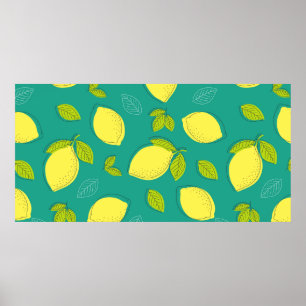 Seamless Hand Drawn Lemon with Leaves Pattern in B Poster