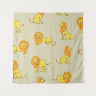 Seamless hand drawn lion pattern. Vintage backgrou Tapestry