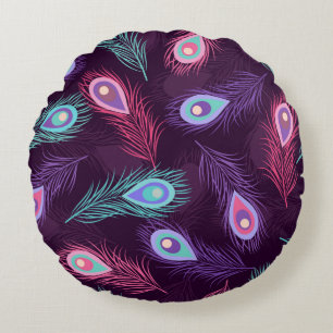 Seamless hand drawn peacock feathers pattern. Vint Round Cushion