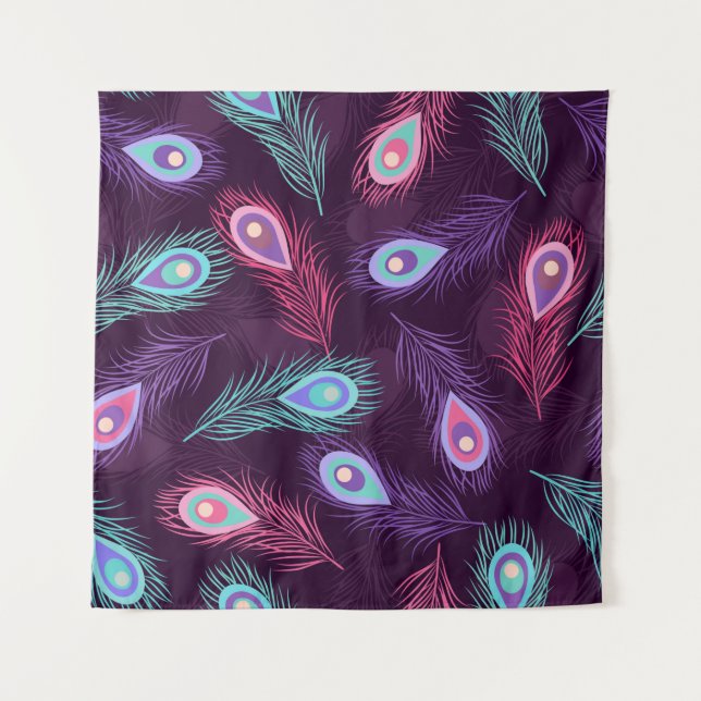 Seamless hand drawn peacock feathers pattern. Vint Tapestry (Front)
