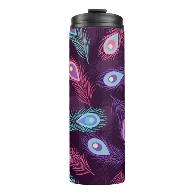 Seamless hand drawn peacock feathers pattern. Vint Thermal Tumbler (Front)