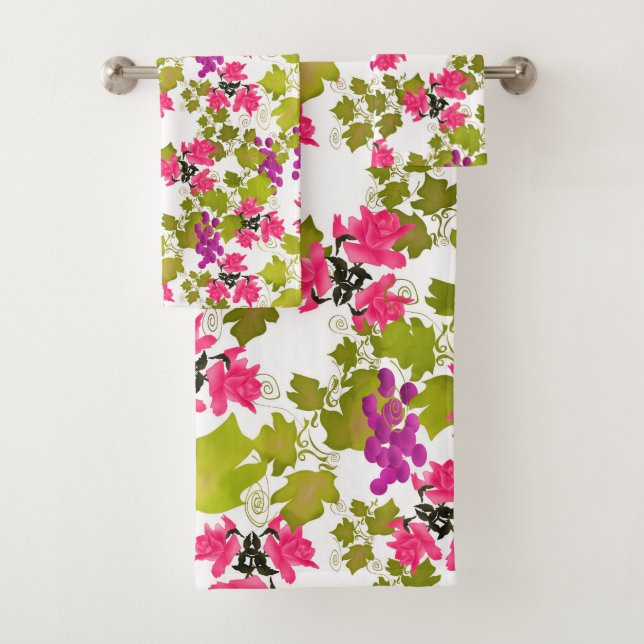 Seamless harvest grape pink roses flowers floral c bath towel set (Insitu)