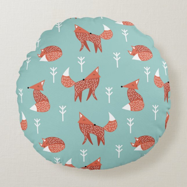 Seamless illustration pattern with cute orange fox round cushion (Front)