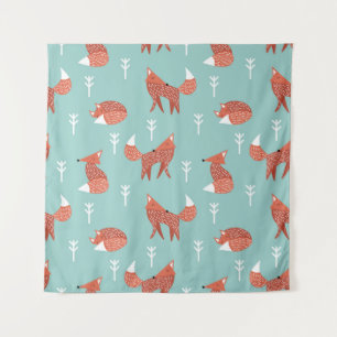 Seamless illustration pattern with cute orange fox tapestry