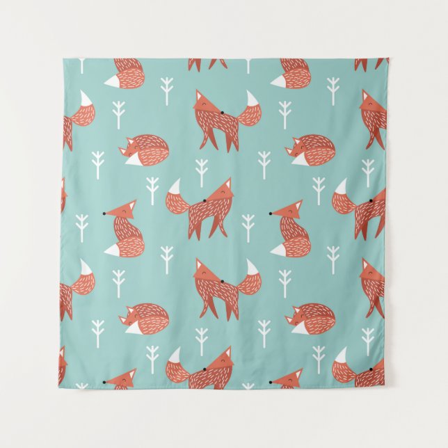 Seamless illustration pattern with cute orange fox tapestry (Front)