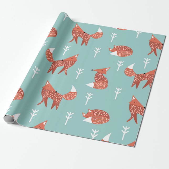 Seamless illustration pattern with cute orange fox wrapping paper (Unrolled)
