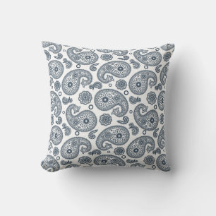 Seamless Indian dark blue paisley pattern on white Cushion