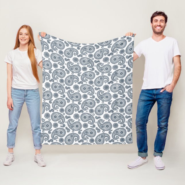 Seamless Indian dark blue paisley pattern on white Fleece Blanket (In Situ)