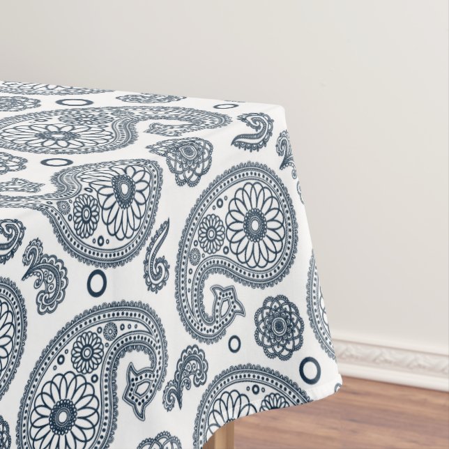 Seamless Indian dark blue paisley pattern on white Tablecloth (In Situ)