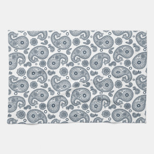 Seamless Indian dark blue paisley pattern on white Tea Towel