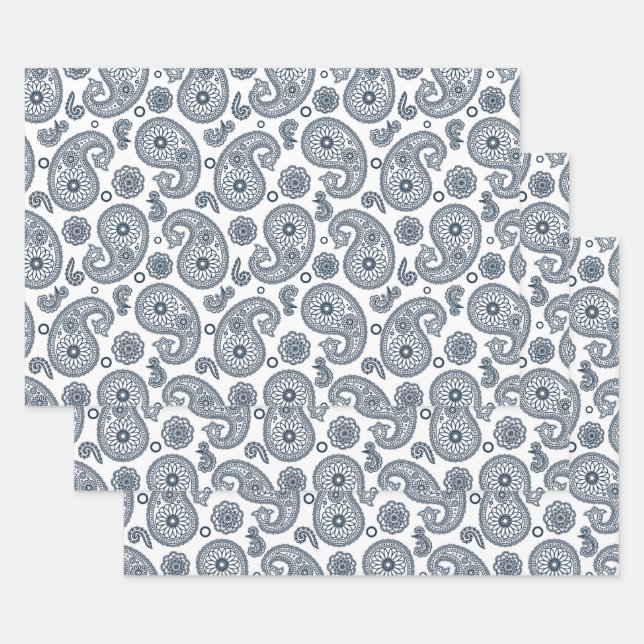 Seamless Indian dark blue paisley pattern on white Wrapping Paper Sheet (Set)