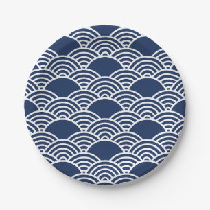 Seamless Japanese wave pattern with navy blue  Paper Plate