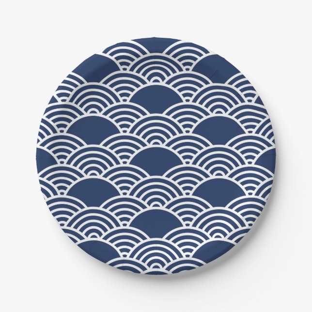 Seamless Japanese wave pattern with navy blue  Paper Plate (Front)