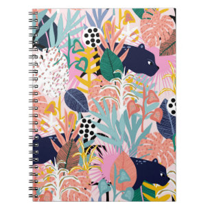Seamless jungle pattern with panthers, colourful l notebook