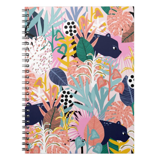 Seamless jungle pattern with panthers, colourful l notebook (Front)