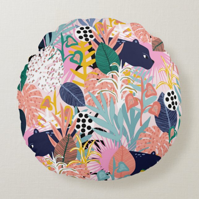 Seamless jungle pattern with panthers, colourful l round cushion (Front)