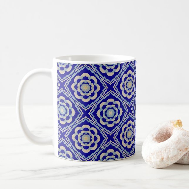 Seamless Kaleidoscope Diamond Blue White Coffee Mug (With Donut)