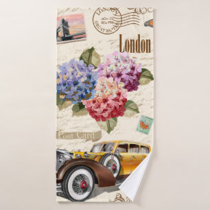 Seamless London vintage background with retro car, Bath Towel