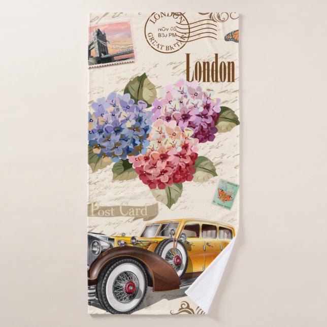 Seamless London vintage background with retro car, Bath Towel (Bath Towel)