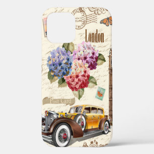 Seamless London vintage background with retro car, iPhone 12 Case