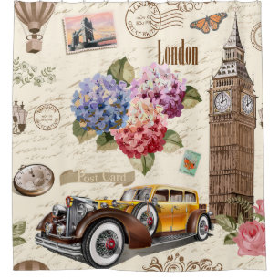Seamless London vintage background with retro car, Shower Curtain
