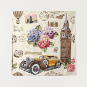 Seamless London vintage background with retro car, Tapestry