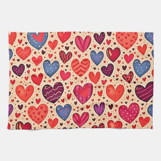 Seamless Love Heart Pattern Art Tea Towel (Horizontal)