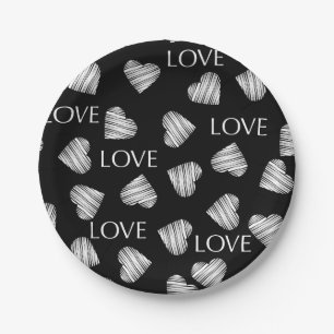 Seamless LOVE Valentines Day black dark white scra Paper Plate