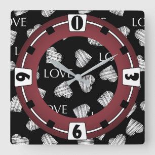 Seamless LOVE Valentines Day black dark white scra Square Wall Clock
