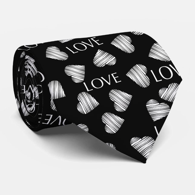 Seamless LOVE Valentines Day black dark white scra Tie (Rolled)