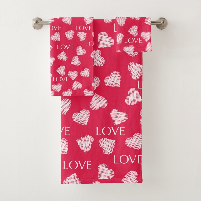 Seamless LOVE Valentines Day pink red white scratc Bath Towel Set (Insitu)