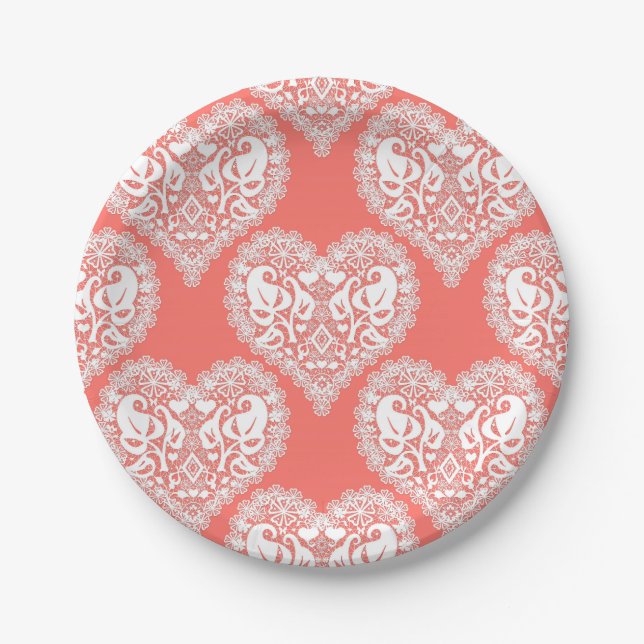Seamless love Valentines Day white lacy lace heart Paper Plate (Front)