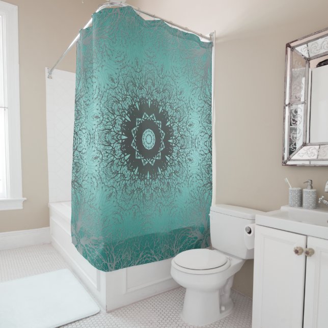 Seamless mandala kaleidoscope tile green pattern o shower curtain (In Situ)