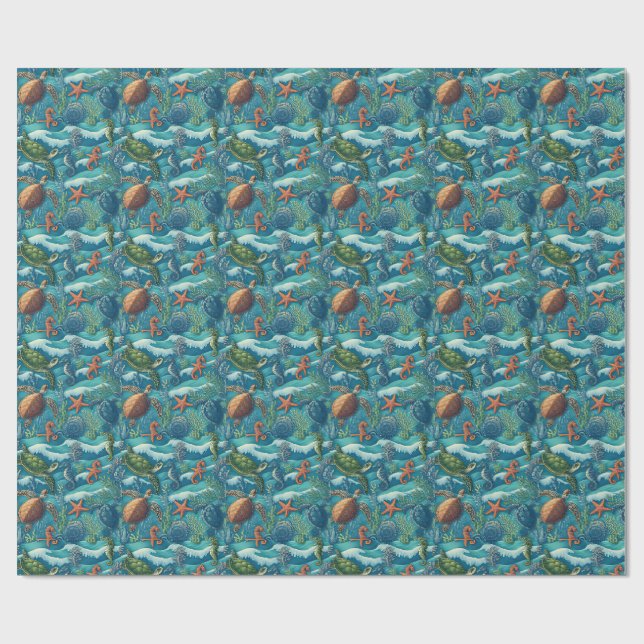 Seamless Marine Life Pattern Wallpaper Wrapping Paper (Flat)