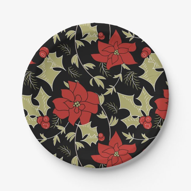 Seamless Merry Christmas red poinsettia green euon Paper Plate (Front)