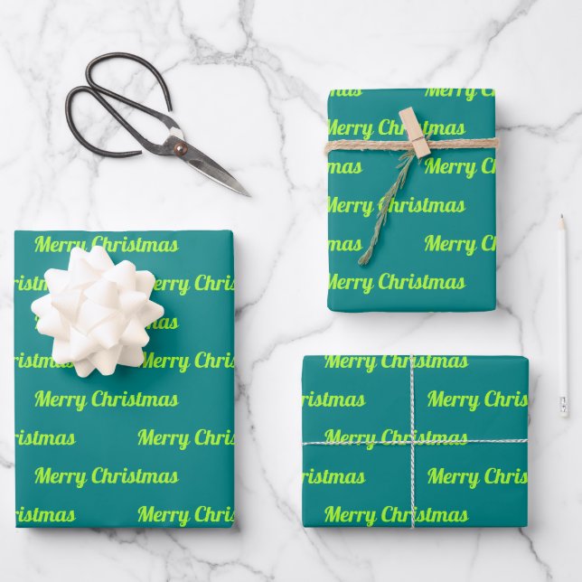 Seamless Merry Christmas Texts on Teal Green Wrapping Paper Sheet (Front)