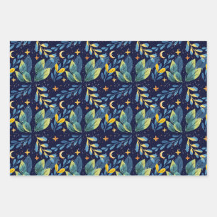 Seamless Midnight Botanical Pattern Wrapping Paper Sheet