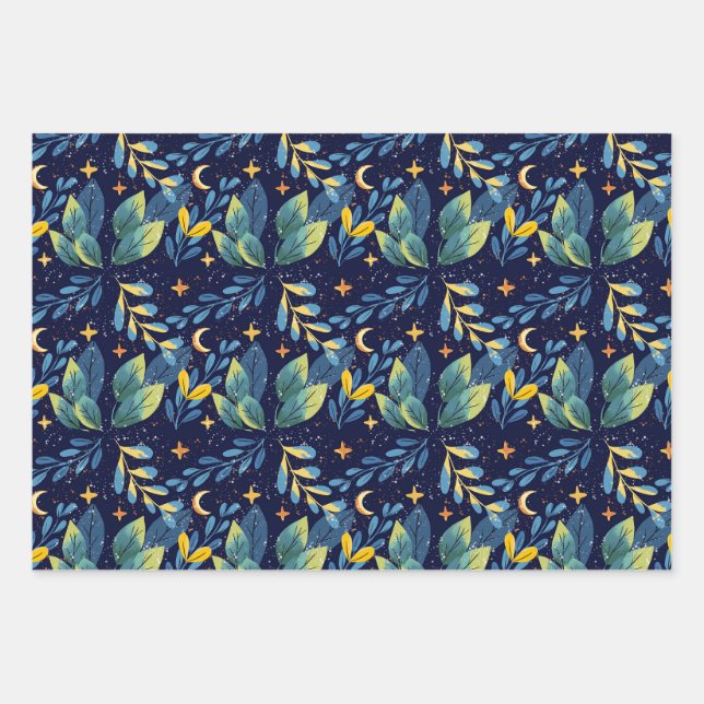 Seamless Midnight Botanical Pattern Wrapping Paper Sheet (Front)