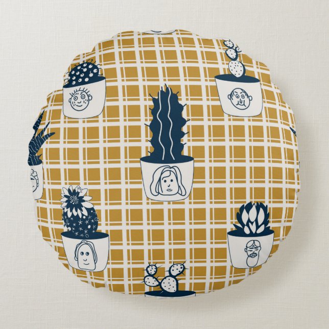 Seamless modern pattern with potted cacti, cute fa round cushion (Front)