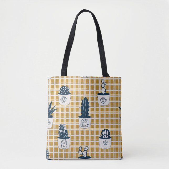 Seamless modern pattern with potted cacti, cute fa tote bag (Front)