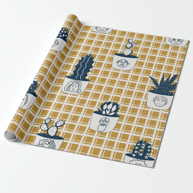 Seamless modern pattern with potted cacti, cute fa wrapping paper (Unrolled)