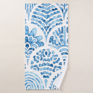 Seamless moroccan pattern. Wavy vintage tile. Blue Bath Towel