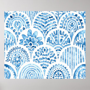 Seamless moroccan pattern. Wavy vintage tile. Blue Poster