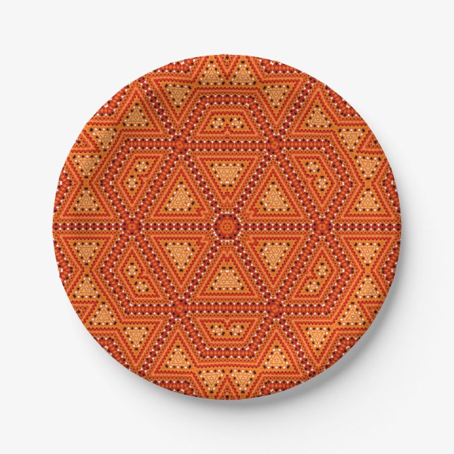 Seamless mosaic abstract kaleidoscope orange trian paper plate (Front)