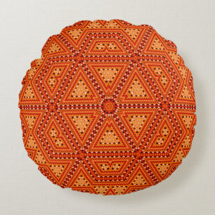 Seamless mosaic abstract kaleidoscope orange trian round cushion