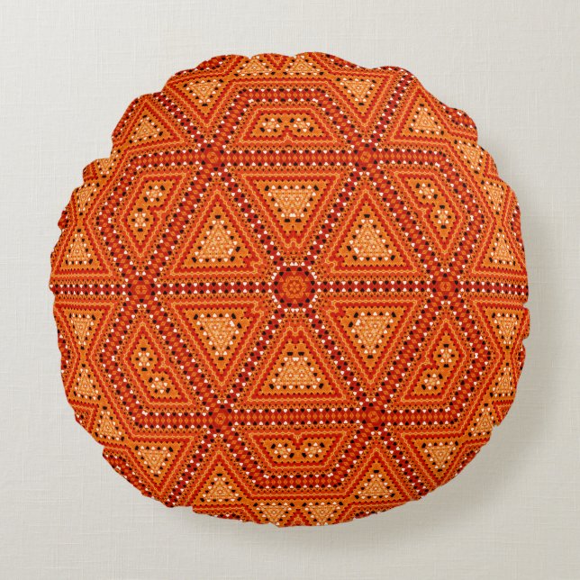 Seamless mosaic abstract kaleidoscope orange trian round cushion (Front)