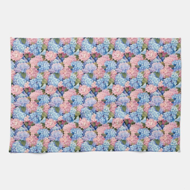 Seamless Of Pink and Blue Hydrangea Flowers Tea Towel (Horizontal)