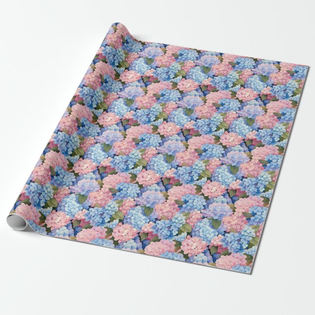 Seamless Of Pink and Blue Hydrangea Flowers Wrapping Paper (Unrolled)