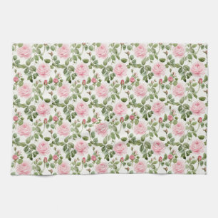 Seamless Of Pink Roses with Green Leaves Tea Towel