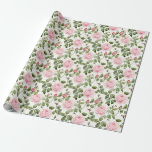 Seamless Of Pink Roses with Green Leaves Wrapping Paper